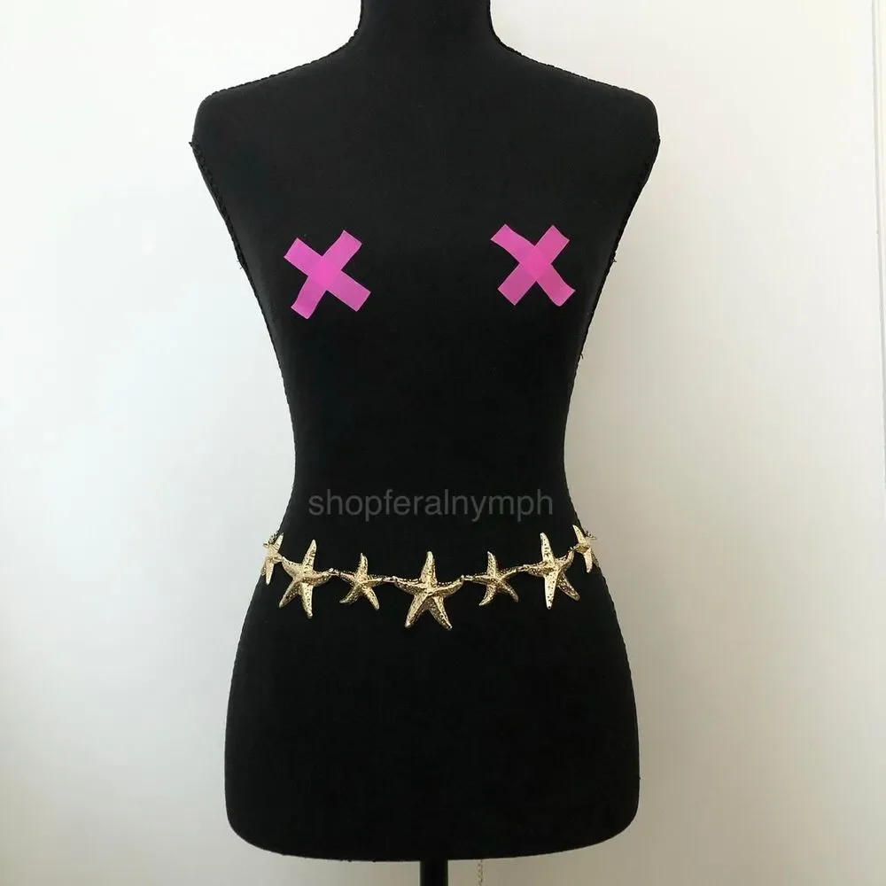 Gold Starfish Mermaidcore Beachy Chain Belt, Fits 22-42.5 Inches, X7GA1246